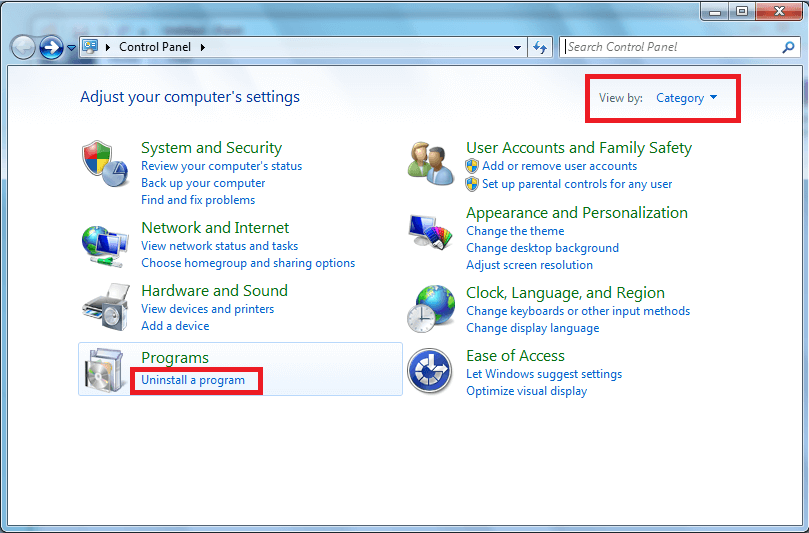 Click on Uninstall a program from control panel