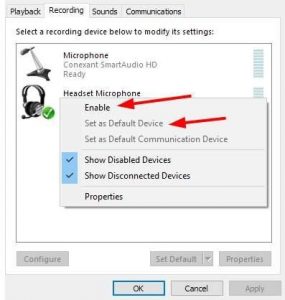 enable Headset Microphone and set as default