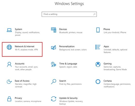 Network & Internet from Windows Setting