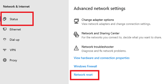 Network Reset From Status Tab