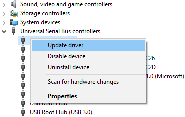 Universal Serial Bus controllers and And then select the Update driver