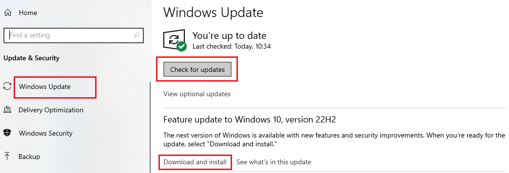 Click on the “Check for updates” button and let the Windows install the latest updates Click on the Download and install button