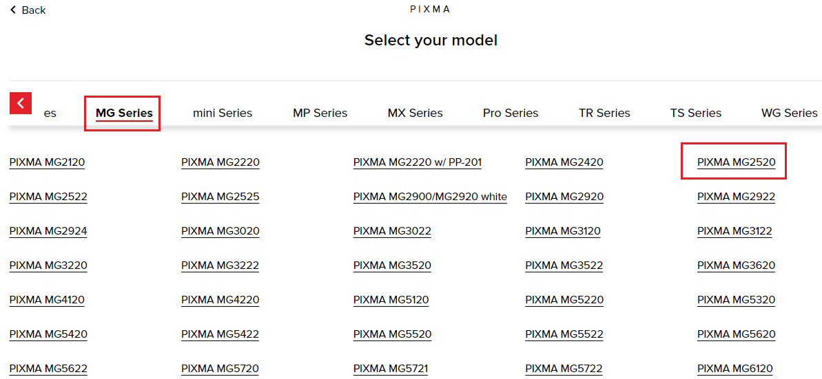 Select the Canon PIXMA MG2520 model by clicking on it.