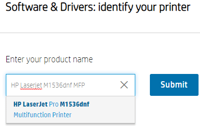 Type HP Laserjet M1536dnf MFP in the search bar and then click on the Submit button.