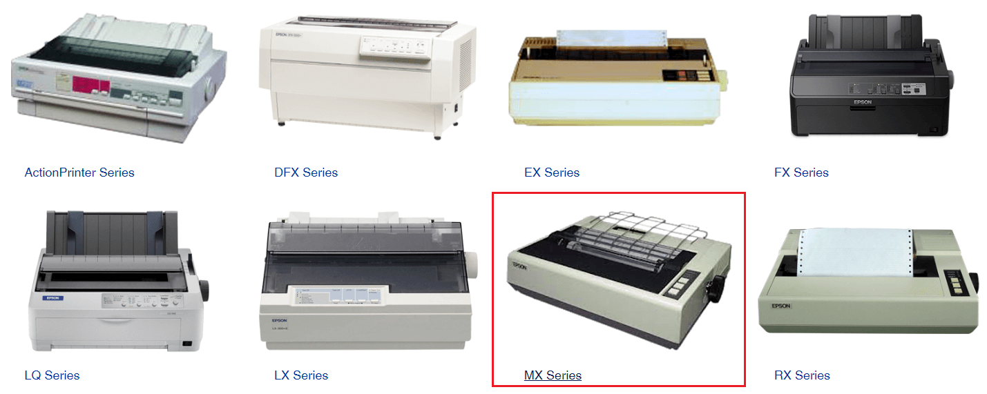 Visit Epson’s official website and Choose the MX Series then click on the Epson MX-100 printer model.