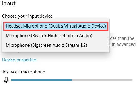 click on the dropdown menu and select the Oculus Quest 2 microphone.