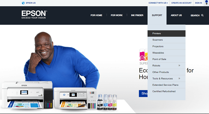 Open Epson official website Go to the Support tab and select the Printers option